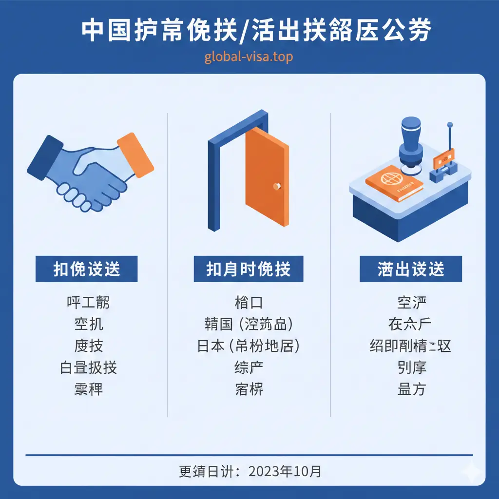 采用现代扁平化或等距插画风格,清晰展示三种签证政策的区别。画面分为三个部分:左侧是一个握手图标代表'互免签证',中间是一扇敞开的大门代表'单方面免签',右侧是一个海关盖章的柜台代表'落地签'。色彩采用商务蓝与活力橙的搭配,视觉清晰、逻辑分明,帮助用户一眼看懂复杂的政策分类。