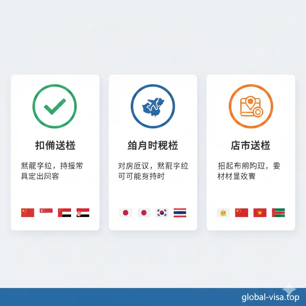 一张展示签证政策差异的功能插画图。通过清晰的视觉图标区分‘互免签证’、‘单方面免签’和‘落地签’三个板块。画面采用现代扁平化设计风格，主色调为专业蓝与白色。每个板块配有代表性的国旗图标和简洁的说明文字，构图规整，方便用户在浏览global-visa.top时快速理解复杂的政策定义。