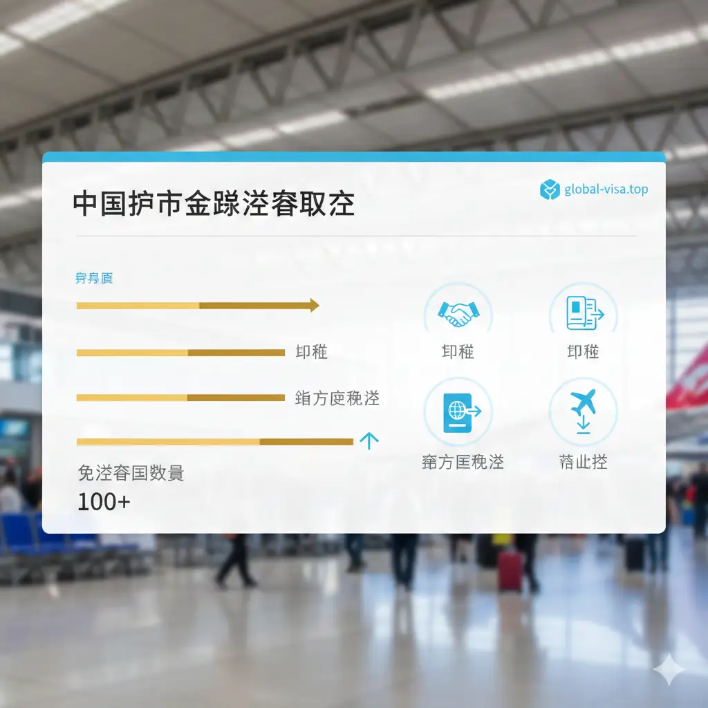一张展示中国护照免签数据统计的功能图。画面采用现代UI界面风格，左侧展示不断上升的金色数据条，右侧为不同签证类型的分类图标（互免、单方面免签、落地签）。背景是模糊处理的繁忙国际机场候机厅。色彩使用清爽的蓝白配色，构图简洁明快，直观表现出global-visa.top站点的实时监测与数据汇总功能。