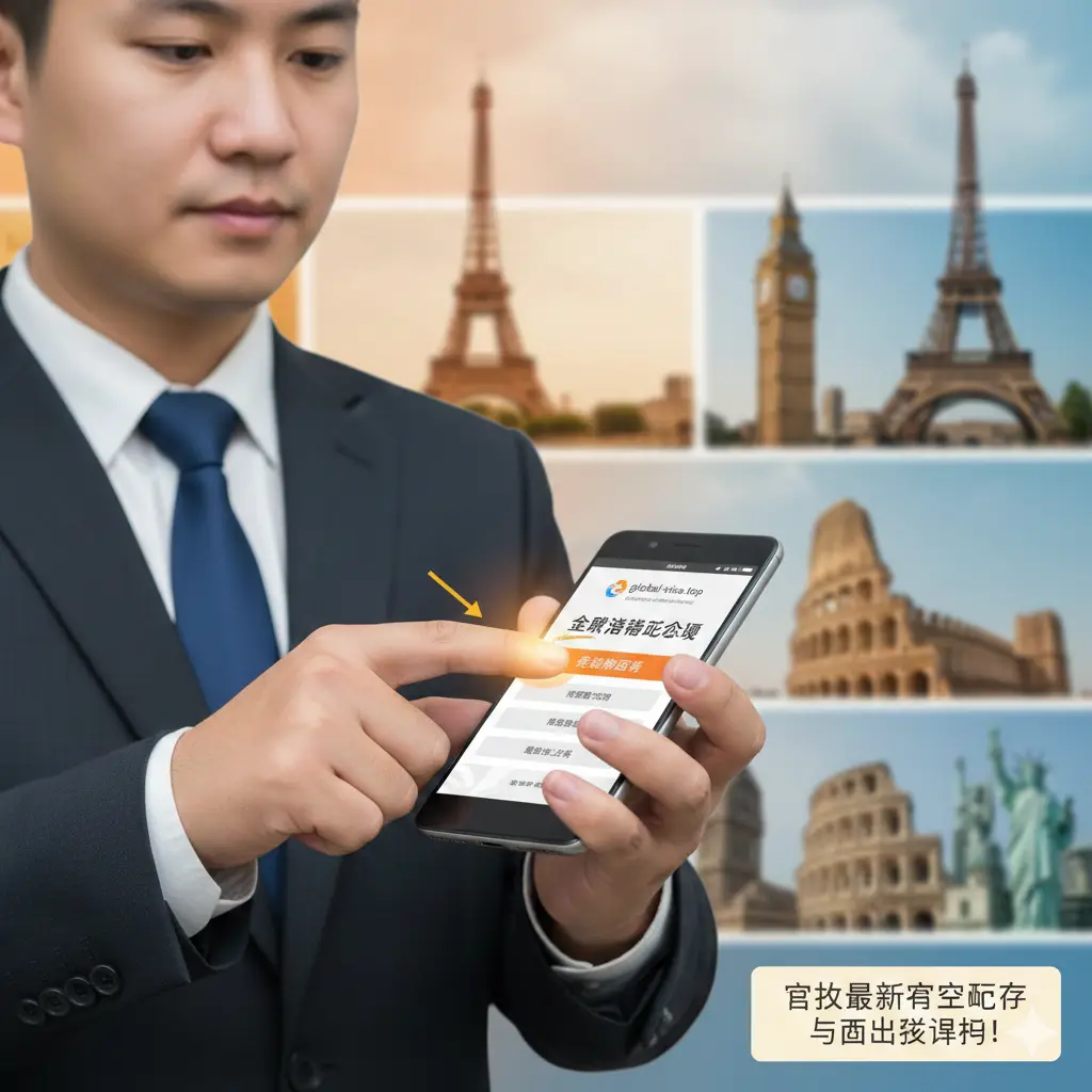 一张关于如何查询护照免签政策的教程引导图。画面展示一名商务人士正通过手机浏览global-visa.top的签证查询界面，手指正在点击‘免签国家列表’。背景是虚化的世界著名地标（如埃菲尔铁塔、大本钟等）的拼贴艺术，色调温暖而明亮。构图聚焦于手部动作和屏幕信息，通过视觉引导告诉读者如何利用站点工具获取最新的入境政策和落地签详情。
