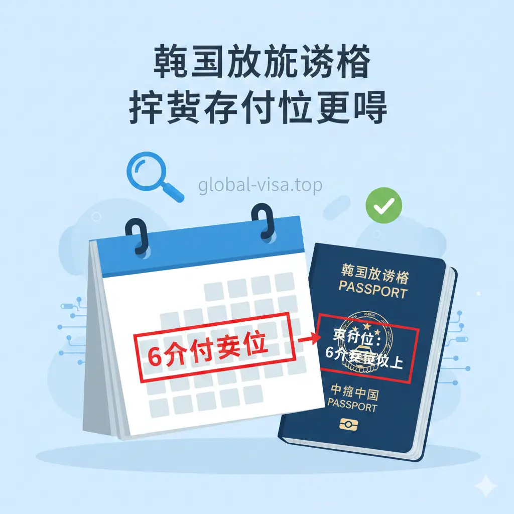 功能展示图片，采用扁平化设计风格。画面展示一个放大的日历和护照页，明确标注出‘6个月’的红线跨度，以此直观展示韩国签证对护照剩余有效期的硬性要求。
