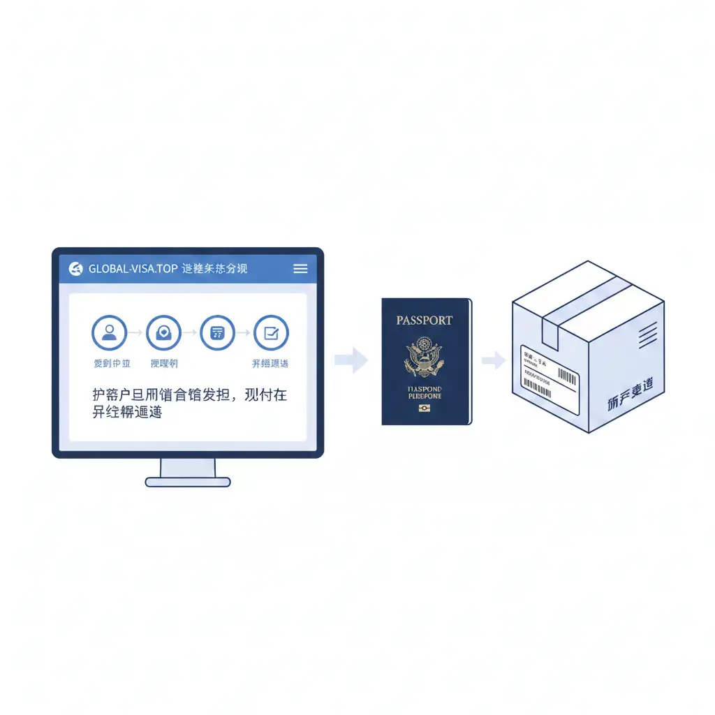 一张清晰的功能性流程解析图。采用极简主义的设计风格，展示从‘Application Received’到‘Passport withdrawn from Consulate’再到‘In Transit’的流转过程。画面左侧是一个电子屏幕展示着‘安排运送’的中文状态界面，右侧是对应的实物护照和快递包裹。使用冷蓝色和白色的配色方案，强调签证状态查询的专业性与准确性，构图平衡，适合展示状态含义。