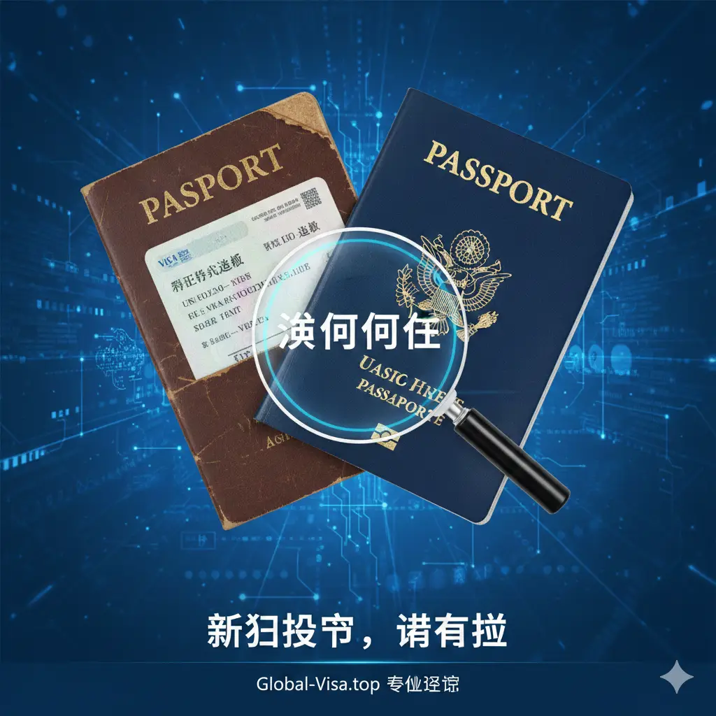 一张对比感极强的创意图片，左侧是过期的旧护照，右侧是崭新的新护照，两本护照重叠交错。旧护照内页露出一张印有‘US VISA’或‘SCHENGEN VISA’字样的签证页，并用一个放大的放大镜图标突出显示‘Valid’状态。背景采用科技感的蓝色调，象征Global-Visa专家团队提供的专业咨询优势，视觉化地解释了‘新旧护照共同使用’这一核心专业知识点，增强品牌信任度。