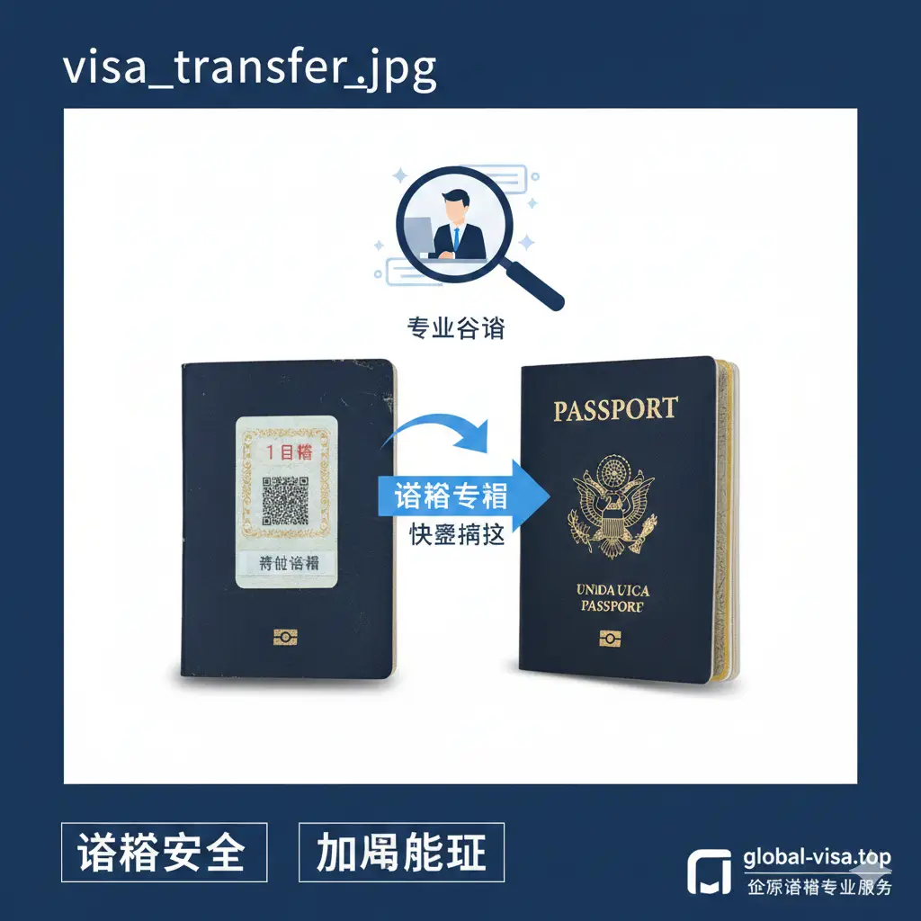 此图旨在强调专业服务机构（Global-Visa.top）在签证转移和紧急加急方面的优势。构图可以是一个新护照（金色边缘）和一个旧护照（略微磨损），旧护照的有效签证页（如十年美签）被一个箭头指向新护照，象征“转移”和“衔接”。旁边放置一个放大镜或一个专业顾问（着正装，面向屏幕）的剪影，表示提供专业咨询和解决方案。整体风格应是可信赖和高效的，使用深蓝和白色，突出“签证安全”和“加急办理”的价值。