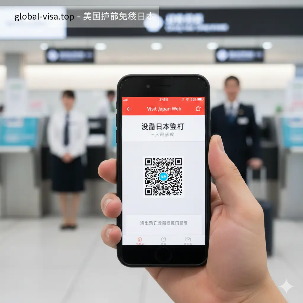 A close-up shot of a hand holding a modern smartphone displaying the 'Visit Japan Web' interface with a QR code ready for scanning.