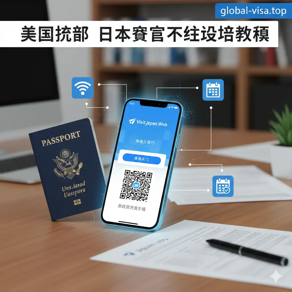 一张充满科技感的教学流程图。画面中心是一个智能手机屏幕，显示着Visit Japan Web的二维码界面。手机旁边放着美国护照，周围环绕着简约的数字化图标（如WiFi、QR码、日历）。背景采用简洁的办公桌面风格，配合温暖的木质色调，旨在引导用户了解如何在线完成入境申报手续，整体设计清晰且易于理解。