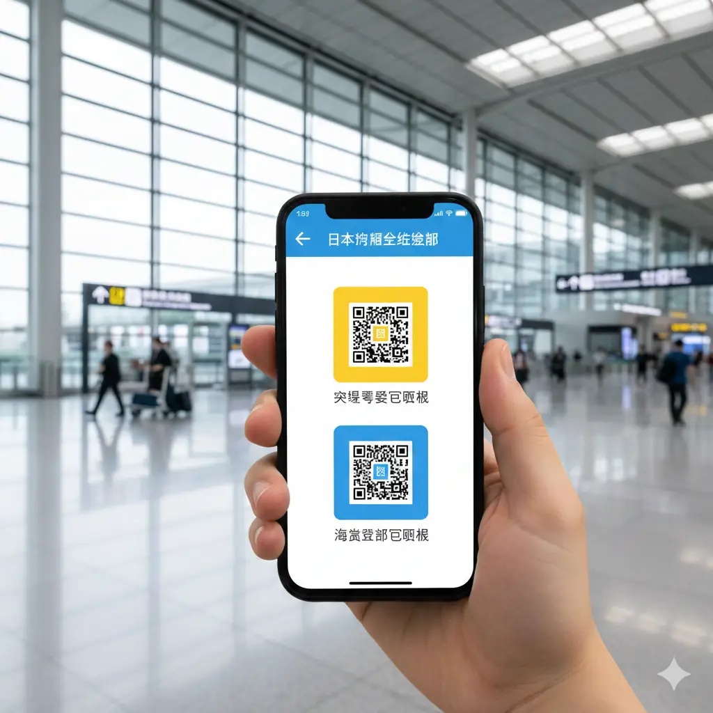 一张详细的教程示意图。画面展示一只手拿着智能手机，屏幕上显示着Visit Japan Web界面的模拟样图，带有黄色的入境审查二维码和蓝色的海关申报二维码。背景是现代化的机场航站楼，带有清晰的导向指示牌。构图聚焦在手机屏幕的数字化操作，色调干净、高对比度，旨在引导读者理解在线申报的具体流程。