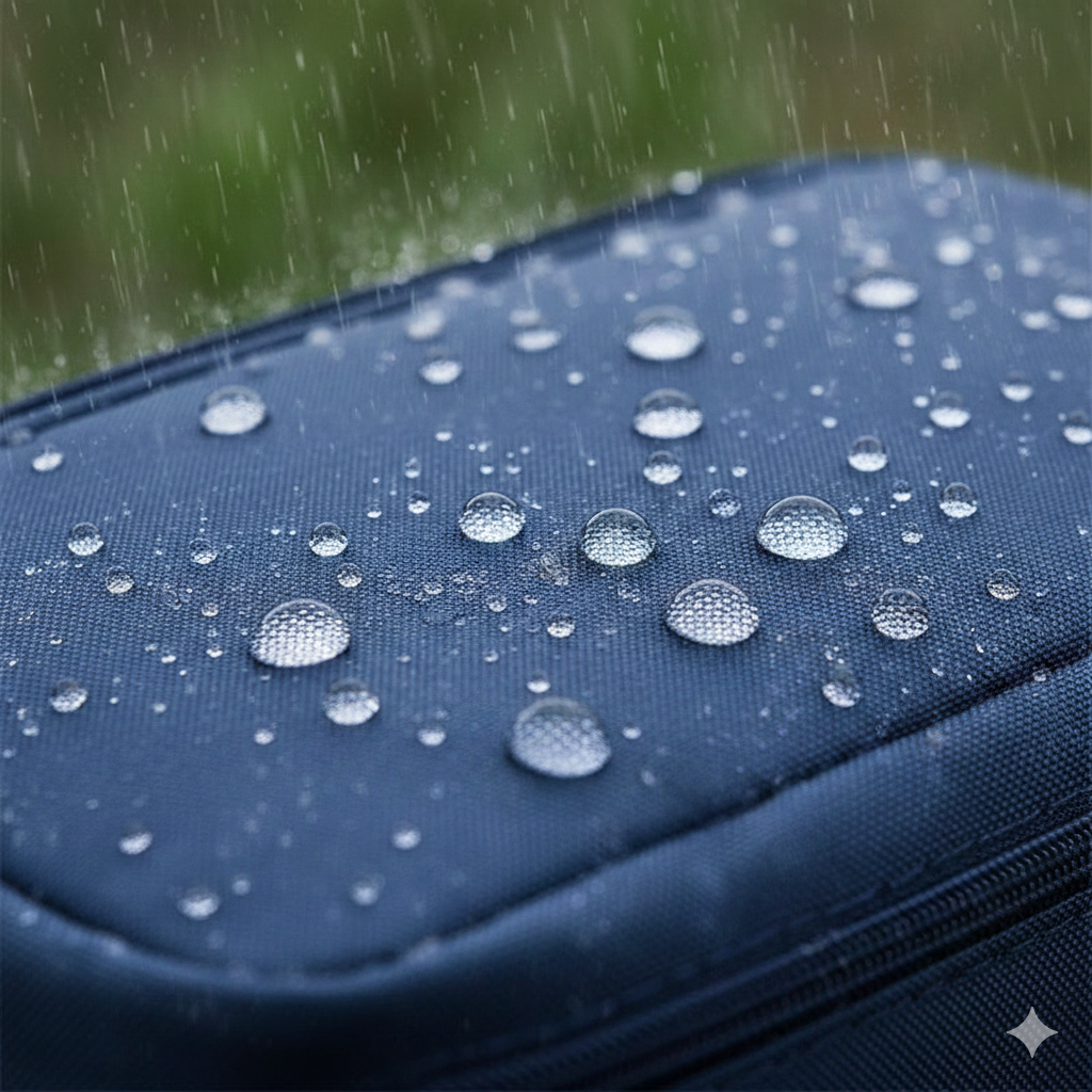 一张强调材质特性的微距特写图，展示深蓝色尼龙材质护照包表面的防水性能。画面清晰捕捉到水珠在面料表面凝结成圆润的水滴而未渗透的瞬间，体现出色的防泼水工艺。背景略微虚化，暗示户外或雨天的旅行环境，色彩以冷色调为主，突显产品的耐用性、科技感以及对恶劣环境的适应能力。