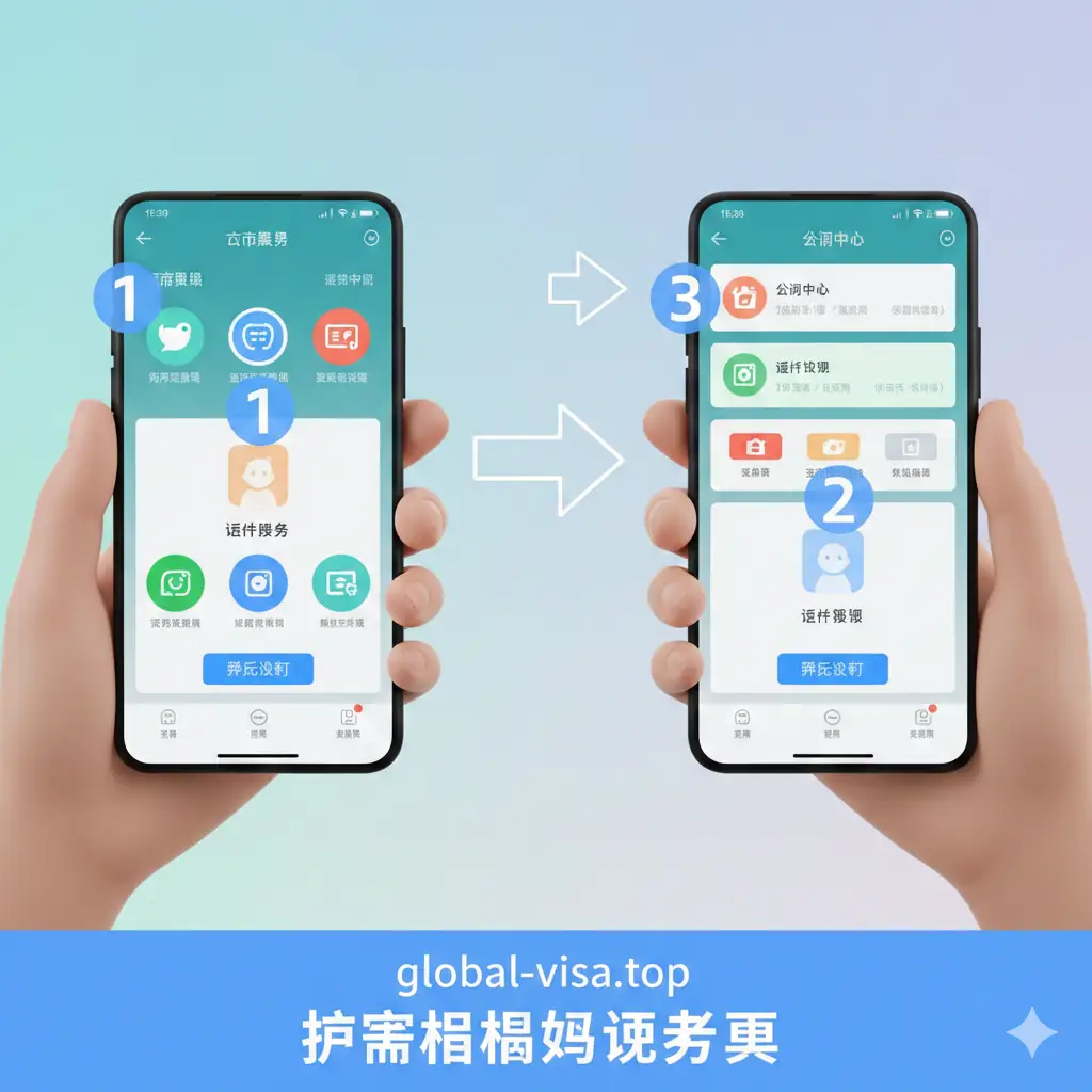 一张清晰的手机操作演示教程图。画面采用3D渲染风格，展示两只手分别拿着手机，左侧手机屏幕显示微信‘城市服务’界面，右侧显示支付宝‘市民中心’界面。屏幕周围有半透明的引导箭头和步骤数字标识（1, 2, 3）。色调明快，重点突出‘刷脸认证’和‘证件查询’按钮，让用户一眼就能看懂操作流程，符合保姆级攻略的定位。