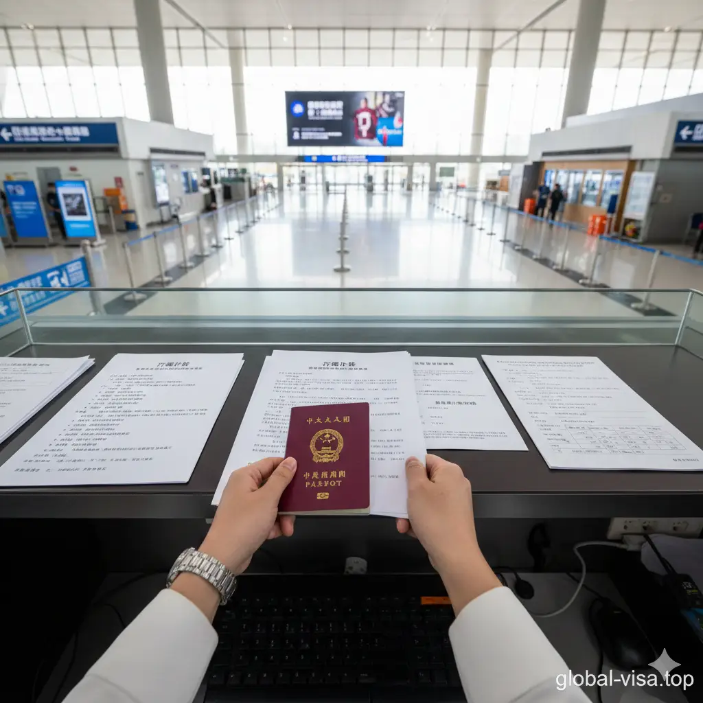 一张针对白本护照入境流程的教程示意图。画面展示一名旅行者正在向边检柜台提交资料的视角。桌面上整齐摆放着护照、打印好的英文行程单、往返机票确认件和保险单。