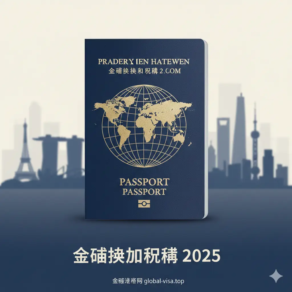 一张极具国际化视野的封面图。画面中心是一本深蓝色的精美护照，封面上印有金色的地球经纬线图案，背景是模糊的全球主要城市地标（如埃菲尔铁塔、金沙酒店、自由女神像）。色彩以高级蓝、金、白为主调，营造出一种全球通行、尊贵且专业的氛围。构图采用中心对称，光影柔和，展现出世界护照排名的权威感。