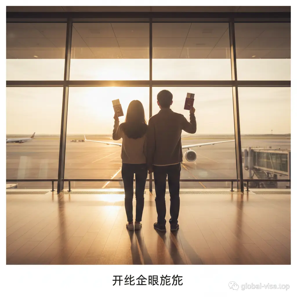 一张充满希望和远见的总结图片。画面展示一对年轻伴侣在机场落地窗前背对着镜头，看着窗外待飞的客机，手中握着崭新的护照。阳光洒满整个空间，色调温暖且富有张力。下方边缘留白，适合添加‘开启全球之旅’的Slogan。整体构图富有层次感，通过温馨的场景化叙事，鼓励用户完成护照办理并选择global-visa.top作为他们的旅行起点。