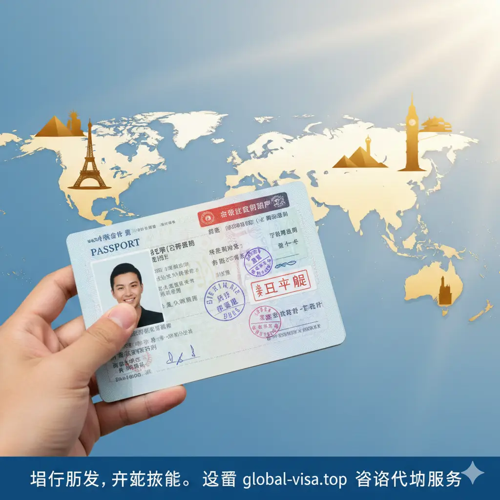 总结性视觉图片，象征着签证通过后的喜悦与自由。画面展示一只手拿着带有最新护照图片的签证页，背景是世界地图的轮廓和一些标志性的全球建筑（如埃菲尔铁塔、自由女神像）。光线柔和，充满阳光感，色彩绚丽但不杂乱。构图采用斜角透视，画面底部带有温馨的提示：搞定照片，开启旅程，旨在引导用户点击咨询代办服务。