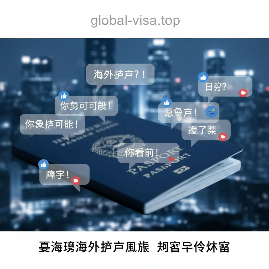 一张极具冲击力的纪实风格封面图。背景呈现出金融都市的虚化夜景，象征恒大的商业帝国。画面中心是一本虚化的蓝色护照与叠加的社交媒体评论气泡，气泡中显示模糊的文字和点赞图标，象征夏海钧持有海外护照引发的网友评价热潮。色调采用冷峻的深蓝与对比强烈的亮白色，光影效果突出专业深度与舆情风暴的氛围。