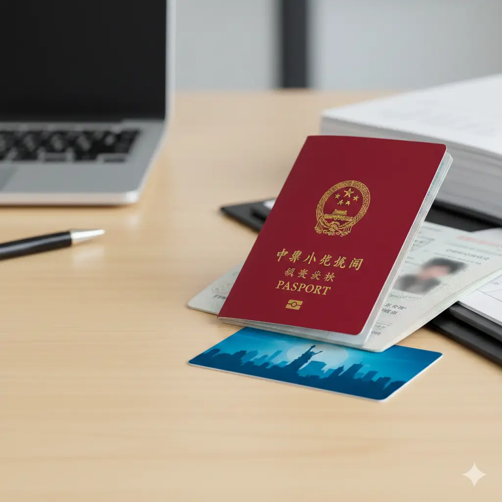 一张高质量的文章封面图。画面中心是一本红色的中国护照和一张带有美国地标（如自由女神像剪影）的背景。构图采用景深效果，前景护照清晰可见，背景是温馨的办公桌面。色彩以中国红和科技蓝为主色调，光线柔和，营造出专业、可靠且具有指导意义的视觉氛围，左侧留白方便添加标题文字。