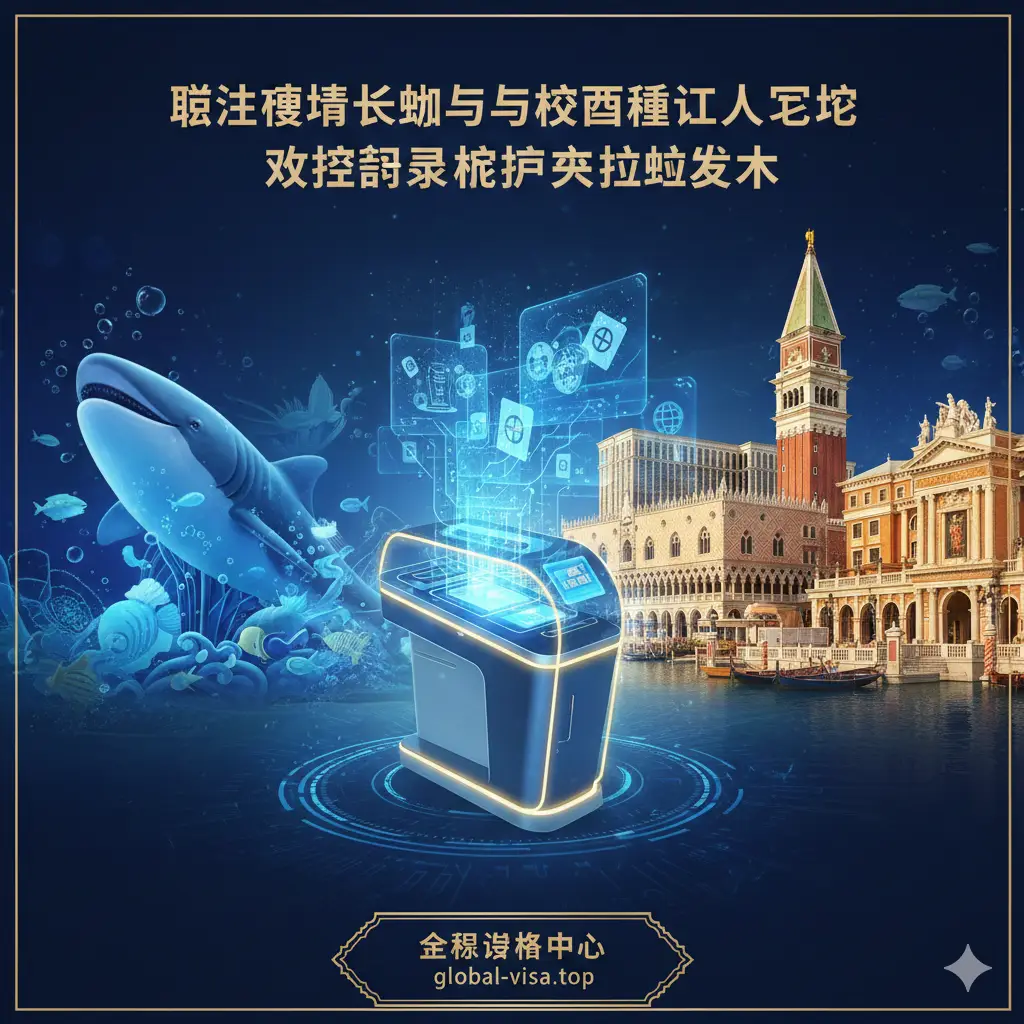 一张具有现代科技感的合成封面图，左侧展示珠海长隆海洋王国的标志性鲸鲨雕像与蓝色海洋元素，右侧展示澳门威尼斯人度假村的金碧辉煌建筑。画面中央是一个风格化的横琴口岸通关闸机，伴随着流动的全息数据流和护照图标，象征着跨境数据的连接。色调采用专业的深蓝与金色搭配，体现global-visa.top的权威性与高端旅游咨询定位。