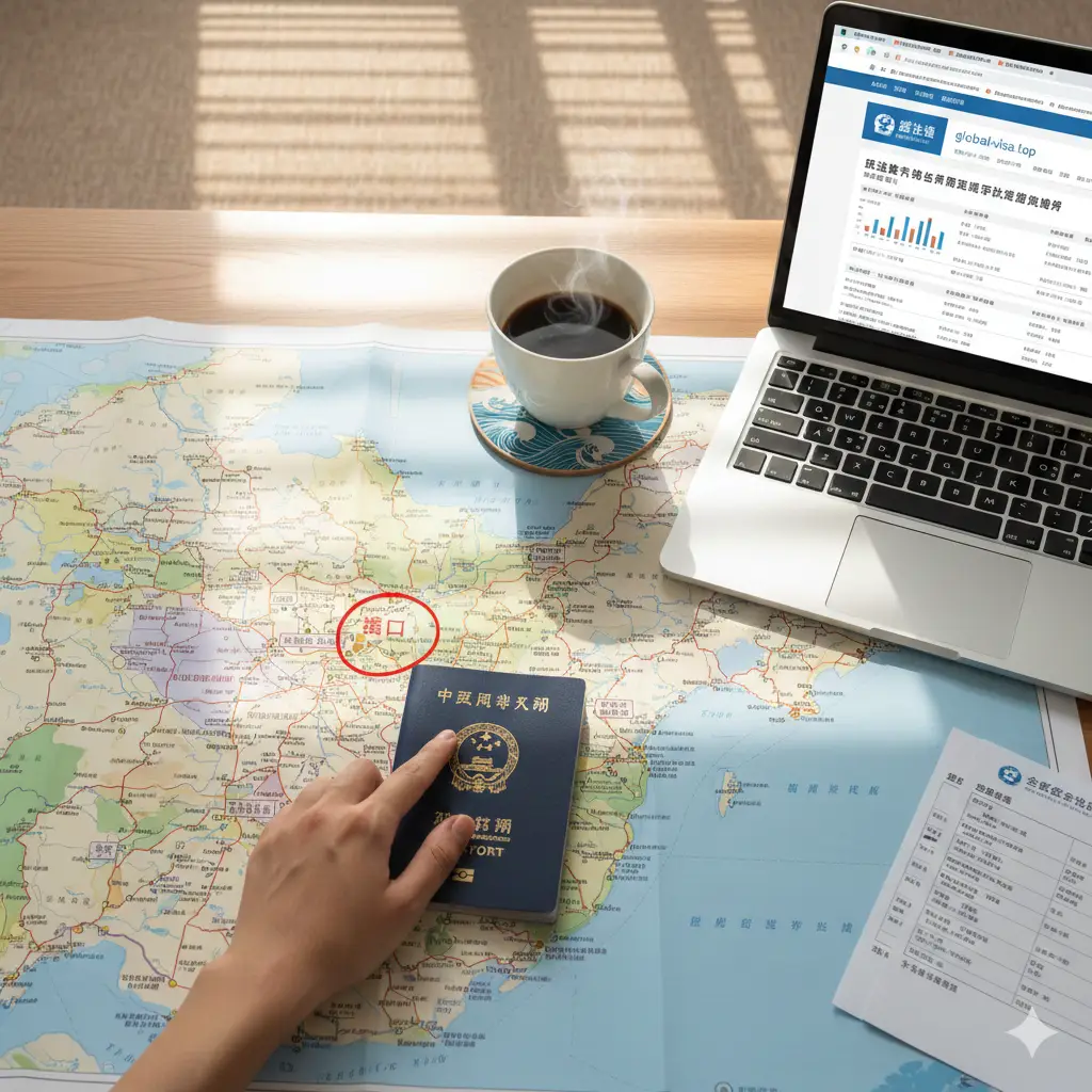 一张温暖的Lifestyle风格总结图片，视角为第一人称俯视。画面展示一位旅行者正在整理行囊，一只手将护照按在粤港澳大湾区的地图上，手指指向横琴口岸的位置。旁边放着一杯咖啡和打开的笔记本电脑，屏幕微弱发光显示着签证咨询页面。柔和的自然光线洒在桌面上，寓意着行程规划完成，准备开启顺利的跨境之旅。